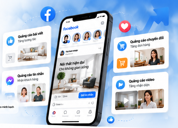 Thiết kế minh họa điện thoại Facebook với quảng cáo tin nhắn, bài viết, chuyển đổi và video