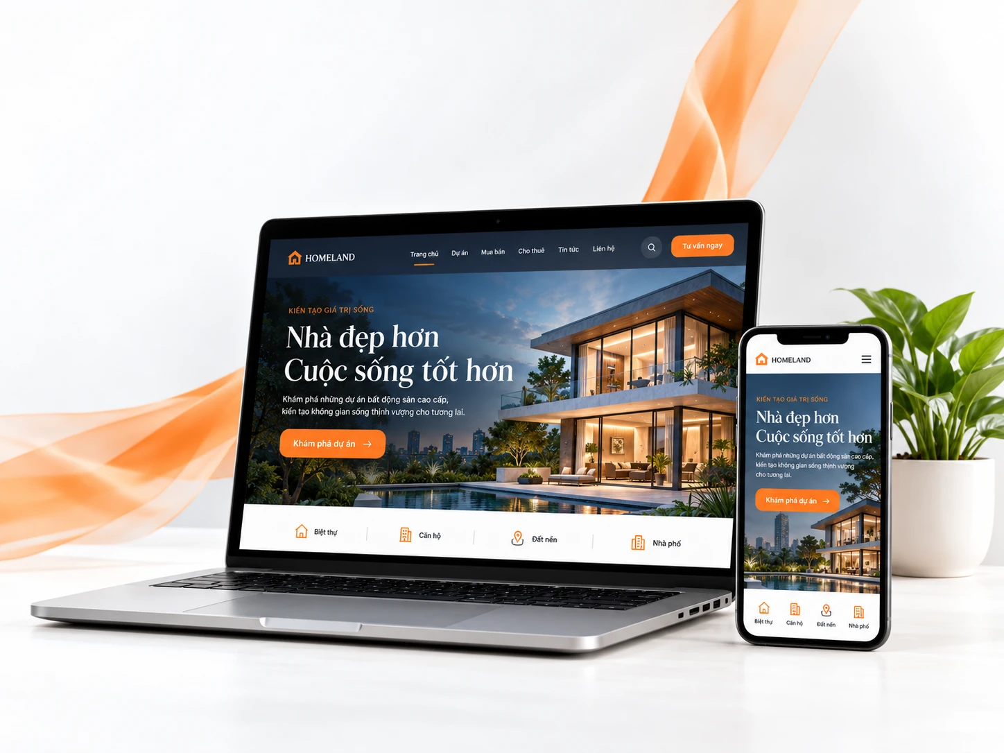 Website doanh nghiệp trên laptop và điện thoại, phối cảnh trắng cam